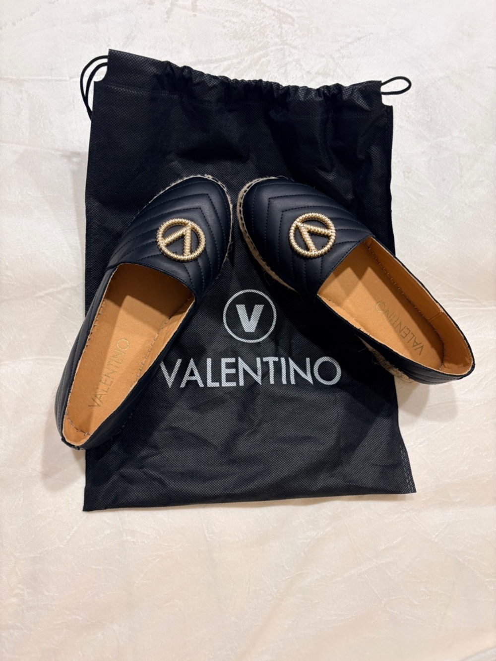 Valentino Black Quilted Espadrille Loafers with Gold Rope Logo Size 36